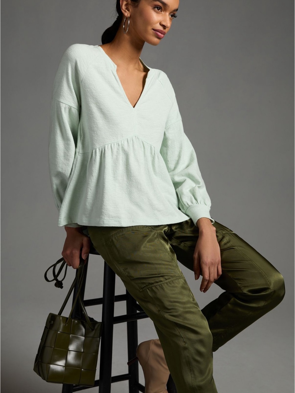 Pilcro Mint Green V-Neck Peplum Long-Sleeve Top